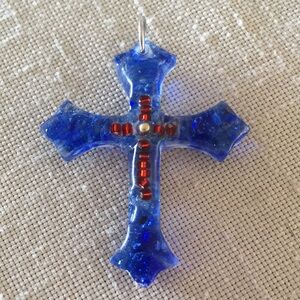 Blue and Red Glass Cross Pendant